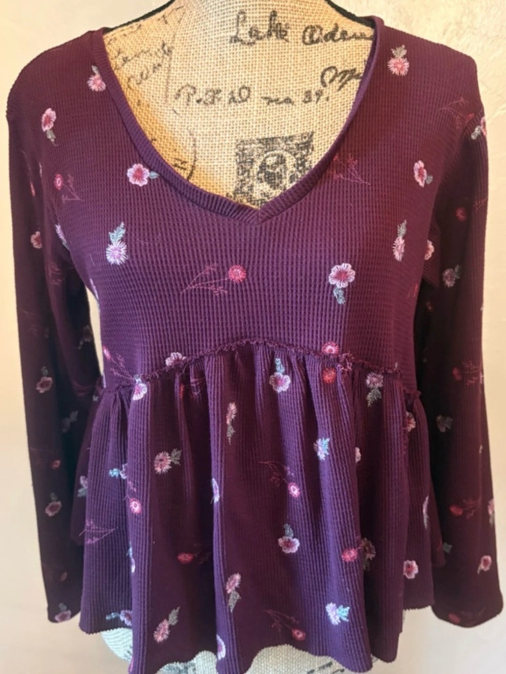 Altar'd State Boho Waffle Knit Peplum Top Embroidered Floral Long Sleeve Size M